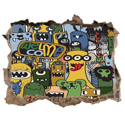 Hole in the wall sticker Colorful Monsters in a Hole in the Wall