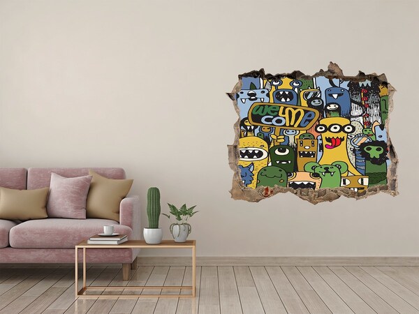 Hole in the wall sticker Colorful Monsters in a Hole in the Wall