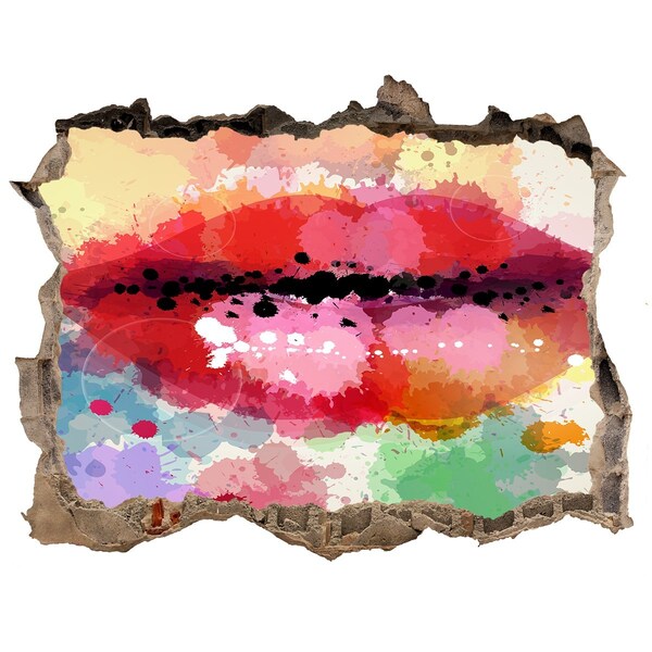 3D wall hole wallpaper Colorful lips against a concrete background