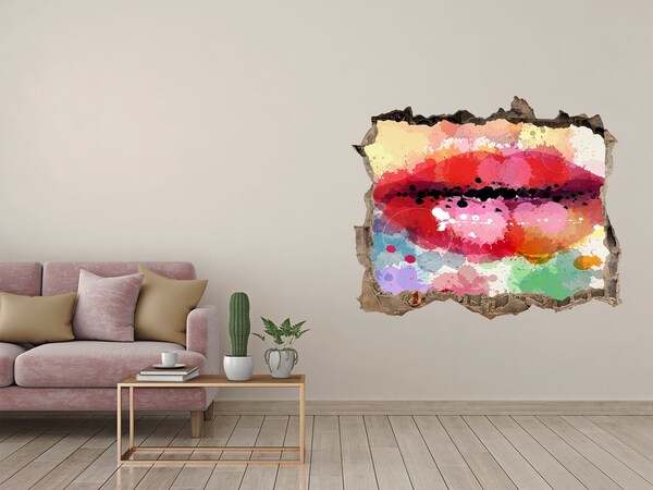 3D wall hole wallpaper Colorful lips against a concrete background