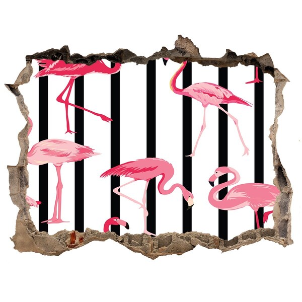 3D wall hole wallpaper Flamingos on a striped background