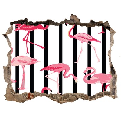 3D wall hole wallpaper Flamingos on a striped background
