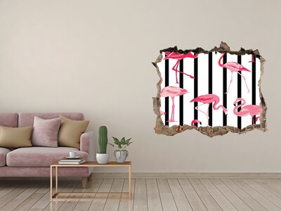 3D wall hole wallpaper Flamingos on a striped background