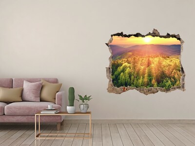 Hole wall sticker Golden rays of sunshine in the forest