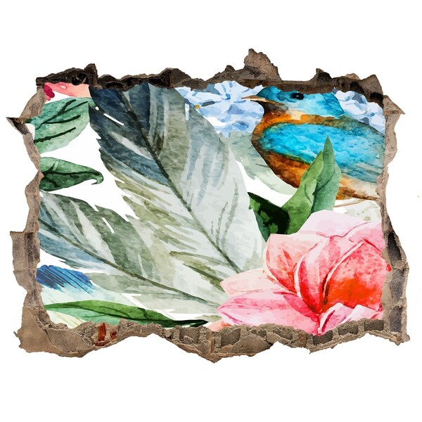 3D wall hole wallpaper Tropical paradise with a bird