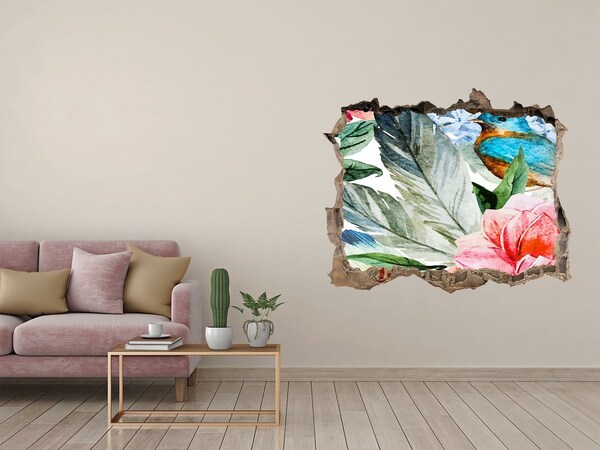 3D wall hole wallpaper Tropical paradise with a bird