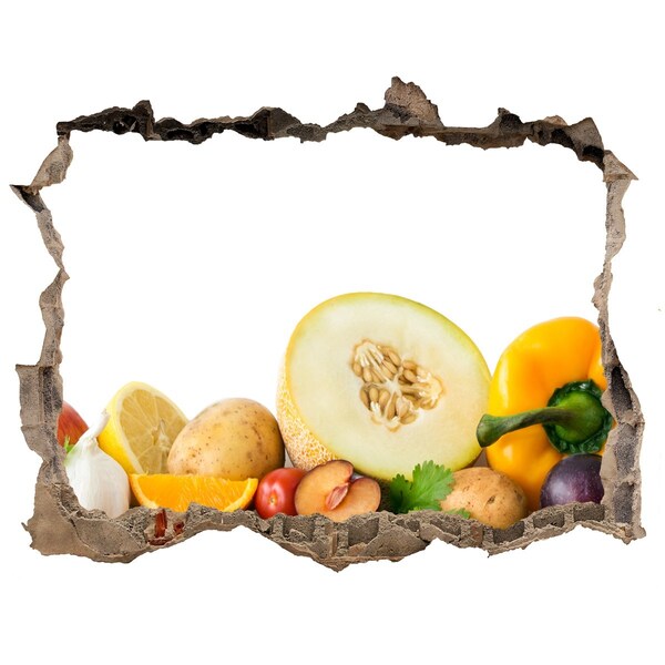 3D wall hole wallpaper Fruit and Vegetables in a Hole in the Wall