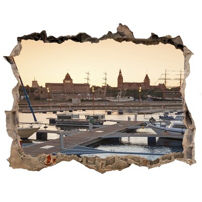 3D wall hole wallpaper The port in the setting sun