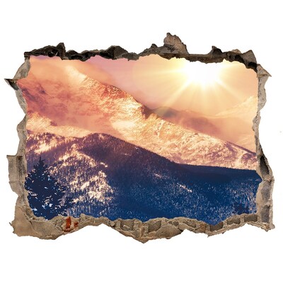 3D wall hole wallpaper Mountain landscape at sunrise