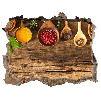 3D wall hole wallpaper Kitchen spices on a wooden countertop