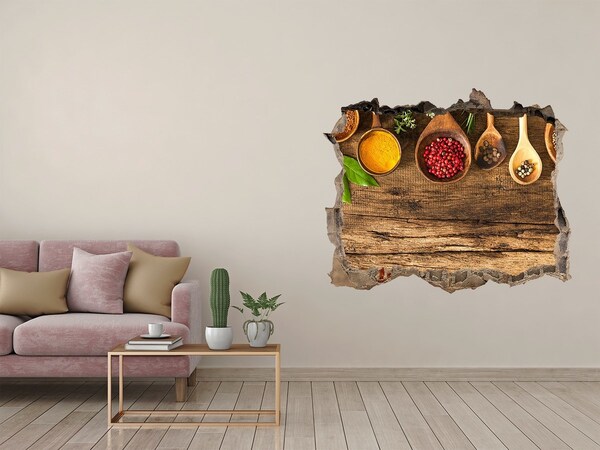 3D wall hole wallpaper Kitchen spices on a wooden countertop