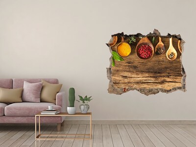 3D wall hole wallpaper Kitchen spices on a wooden countertop