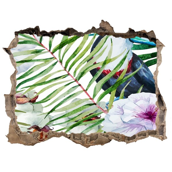 3D wall hole wallpaper Tropical oasis with a bird