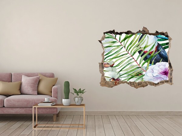 3D wall hole wallpaper Tropical oasis with a bird