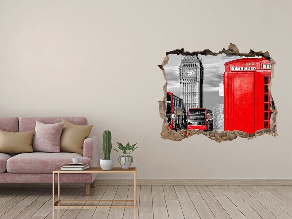 Hole in the wall decal London skyline with red buses