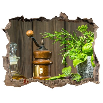 3D wall hole wallpaper Herbs in a mortar