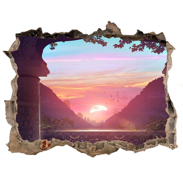 3D wall hole wallpaper Sunset in a mountain valley