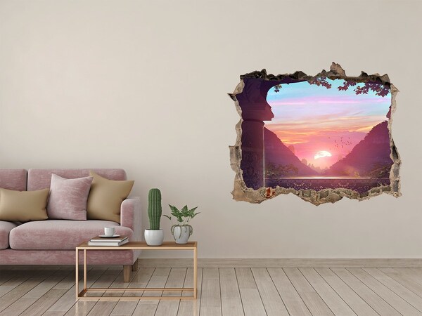 3D wall hole wallpaper Sunset in a mountain valley