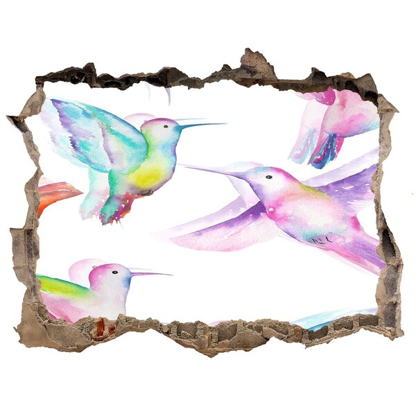 3D wall hole wallpaper Colorful hummingbirds in a hole in the wall