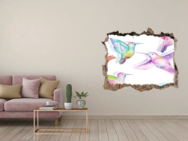 3D wall hole wallpaper Colorful hummingbirds in a hole in the wall