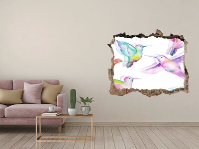 3D wall hole wallpaper Colorful hummingbirds in a hole in the wall