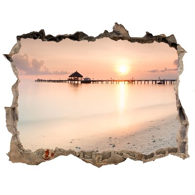 3D wall hole wallpaper Sunset over the pier