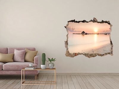 3D wall hole wallpaper Sunset over the pier