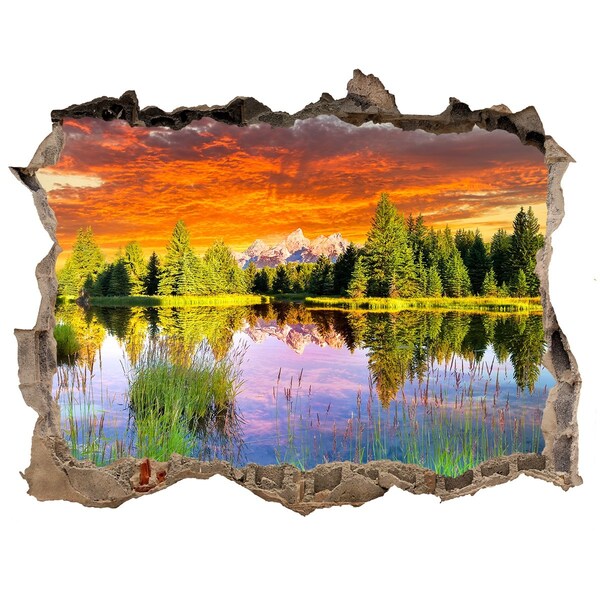 3D wall hole wallpaper Mountain landscape at sunset