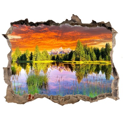 3D wall hole wallpaper Mountain landscape at sunset