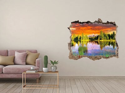 3D wall hole wallpaper Mountain landscape at sunset