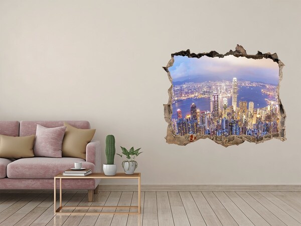 3D wall hole wallpaper View of Hong Kong at night