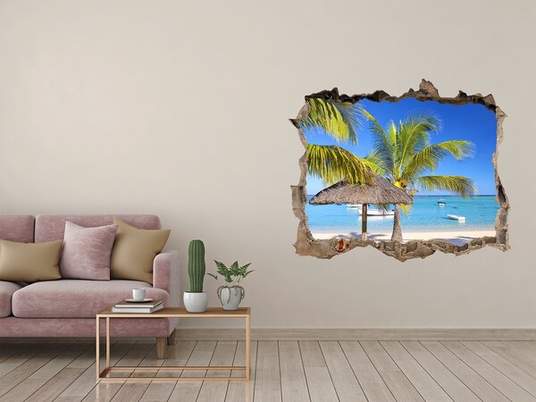 3D wall hole Tropical beach with palm trees