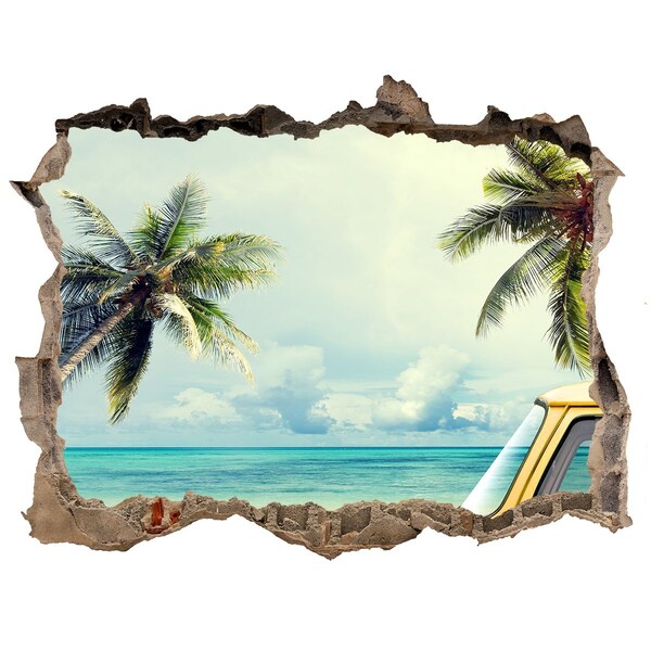 3D wall hole wallpaper Tropical oasis with a yellow car