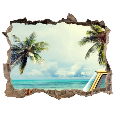 3D wall hole wallpaper Tropical oasis with a yellow car