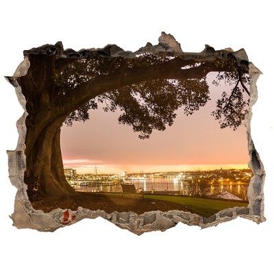 3D wall hole wallpaper View of the city through a hole in the wall