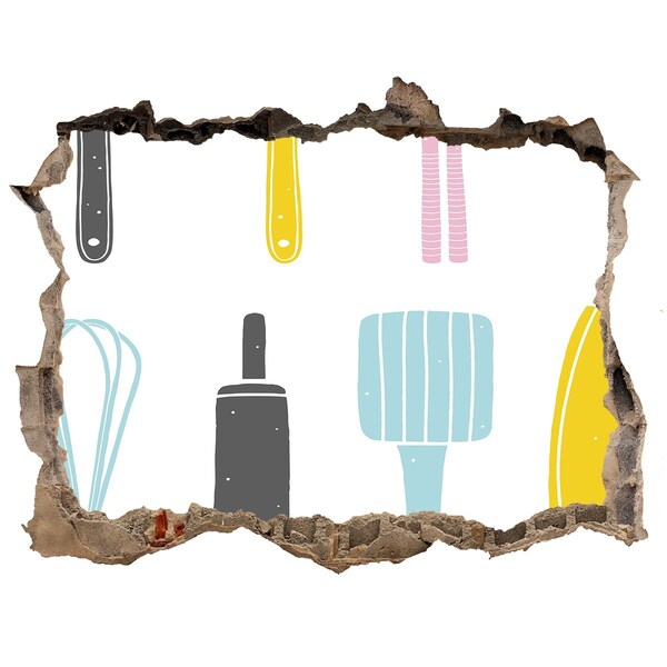 3D wall hole wallpaper Kitchen tools in a hole in the wall