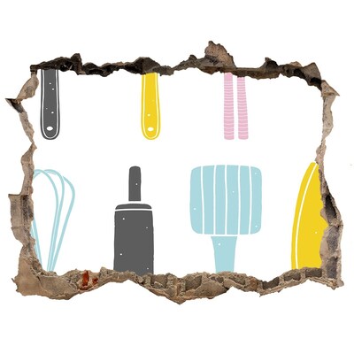 3D wall hole wallpaper Kitchen tools in a hole in the wall