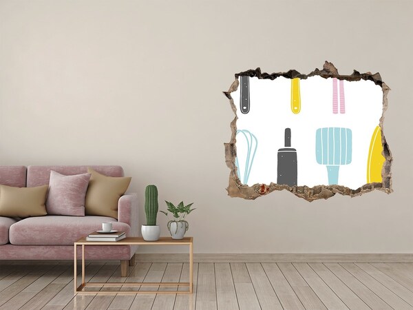 3D wall hole wallpaper Kitchen tools in a hole in the wall
