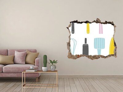 3D wall hole wallpaper Kitchen tools in a hole in the wall