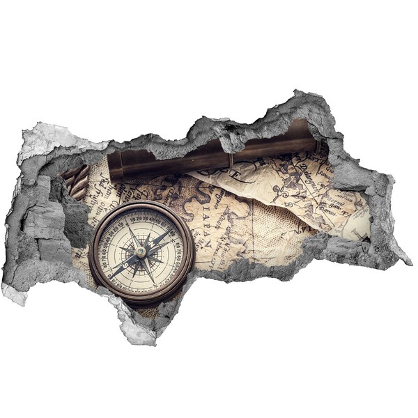 3D wall hole Ancient map with a compass
