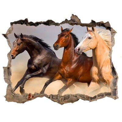 3D wall hole wallpaper Horses at gallop