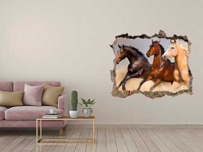 3D wall hole wallpaper Horses at gallop