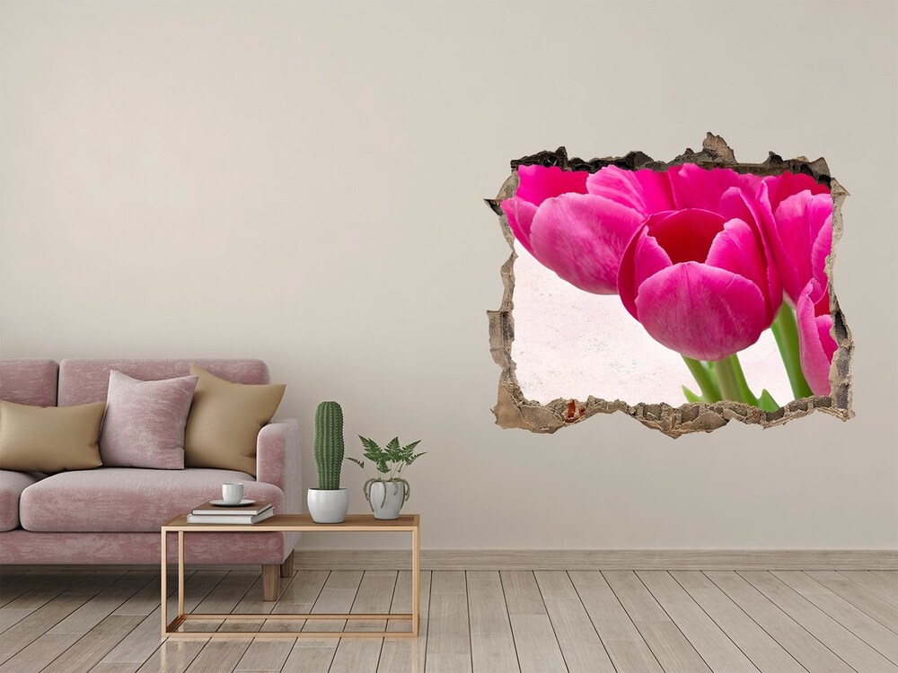 3D wall hole wallpaper Pink tulips