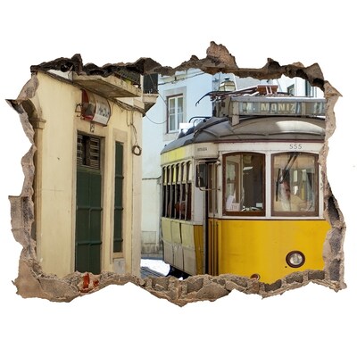 Hole wall sticker A yellow tram in a narrow street