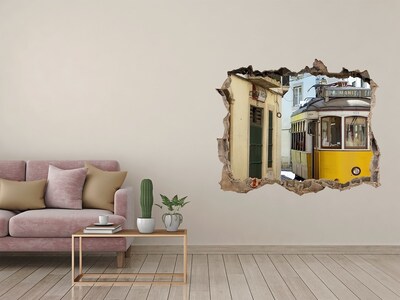 Hole wall sticker A yellow tram in a narrow street
