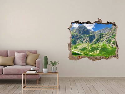 3D wall hole wallpaper Mountain panorama with a lake