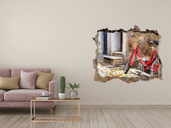 Hole in the wall sticker A red bicycle in a charming street