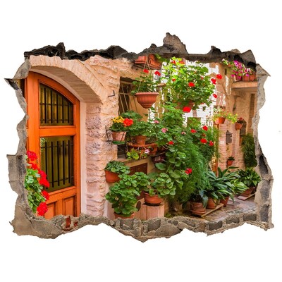 3D wall hole A charming street with flowers