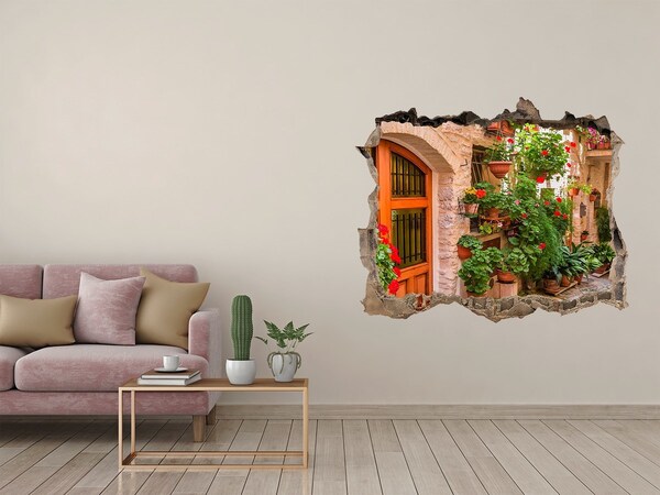 3D wall hole A charming street with flowers