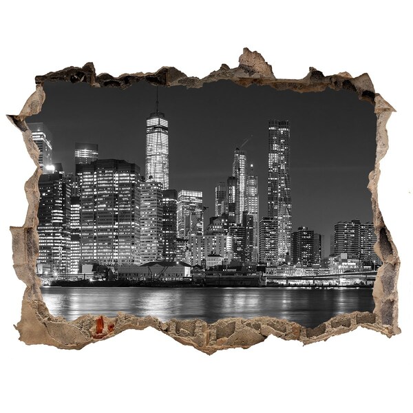 3D wall hole New York skyline at night